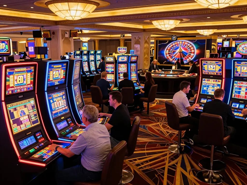 Players engaging with colorful slot machines at DH88 casino, highlighting excitement and gaming opportunities.