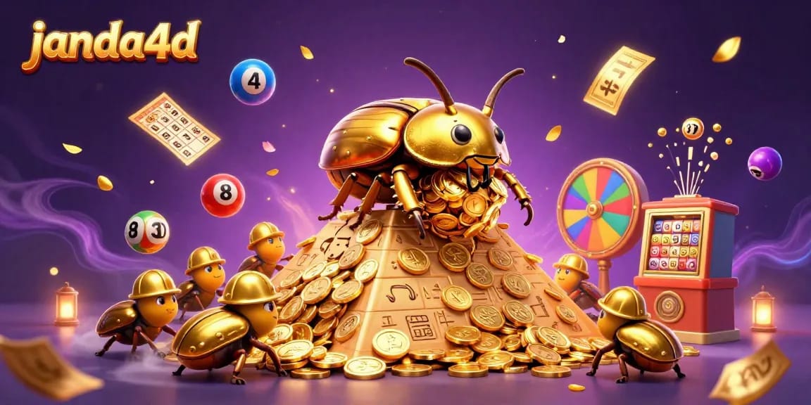 Janda4d mempersembahkan ilustrasi kasino animasi 3D dengan kumbang emas dan hadiah menarik.