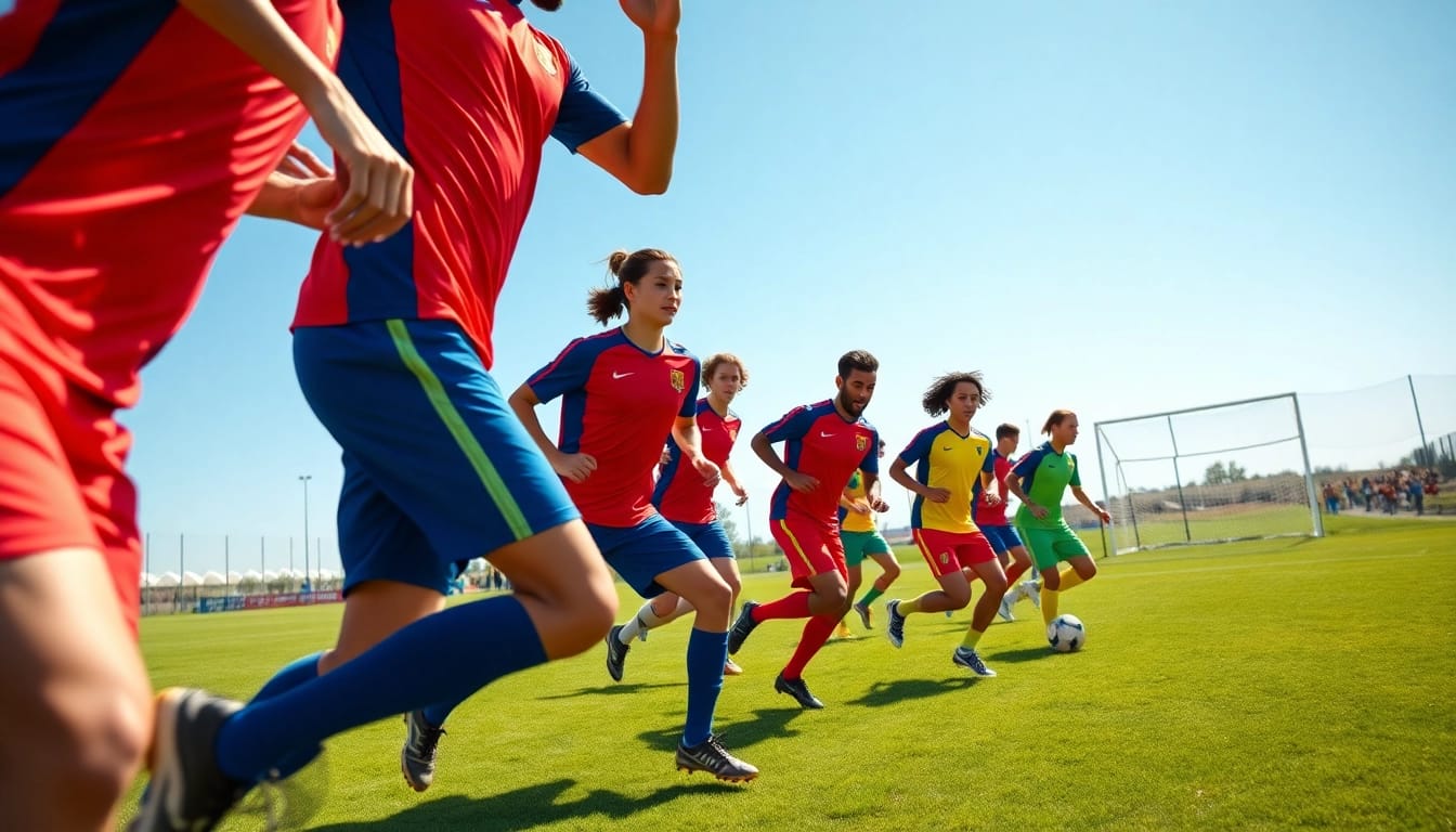 Showcasing a vibrant Team kit worn by soccer players in dynamic action.