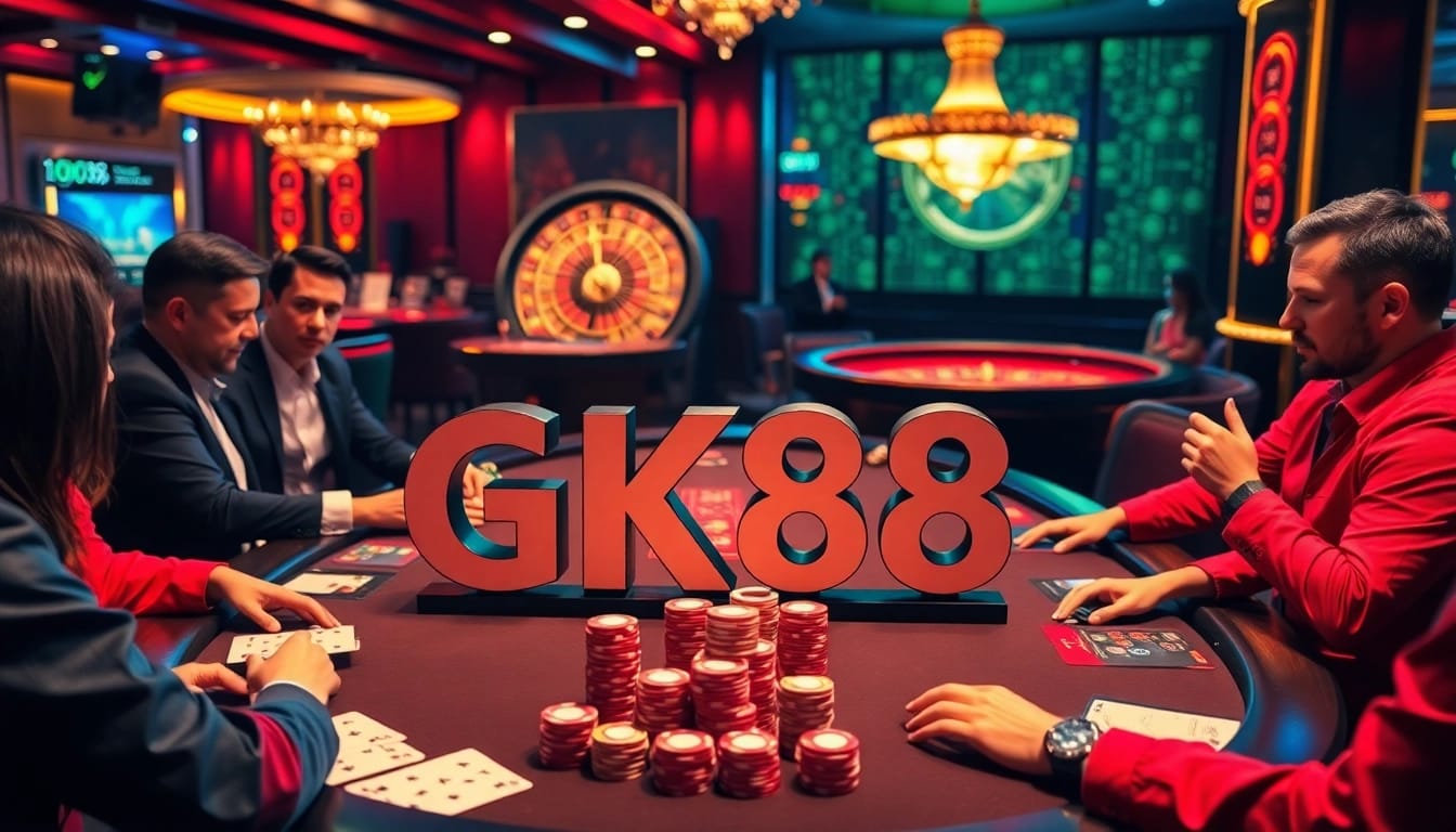 Experience thrilling casino action with GK88 at a high-stakes poker table surrounded by vibrant chips and cards.