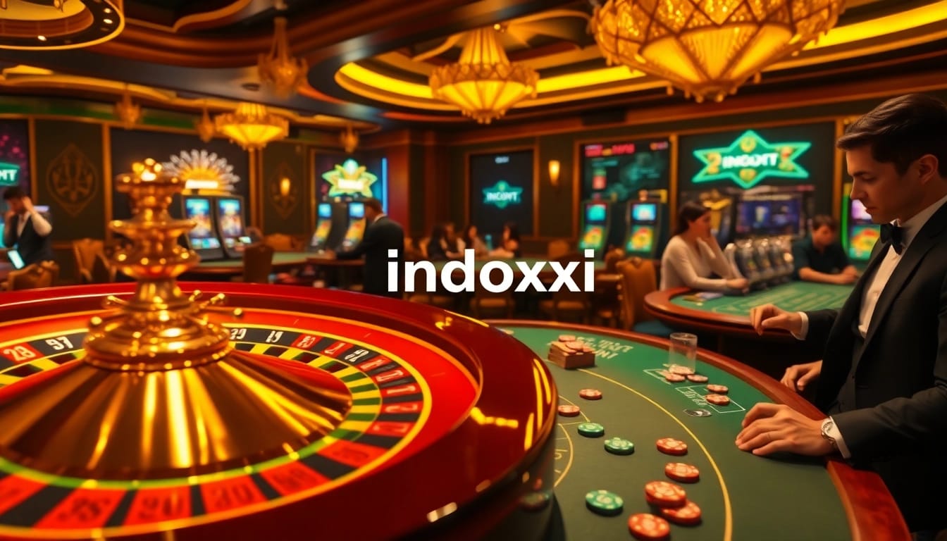 Engaging in thrilling casino games at indoxxi with players and vibrant roulette wheel.