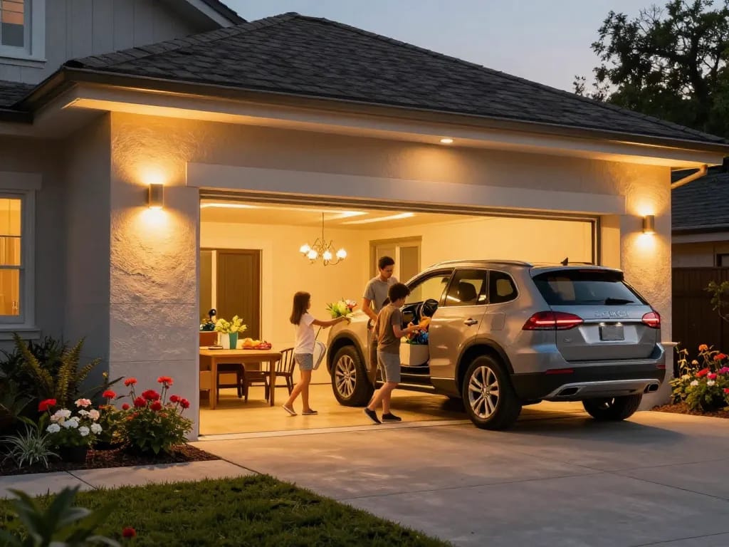 Outdoor garage lights brightly illuminating a stylish home garage during twilight.