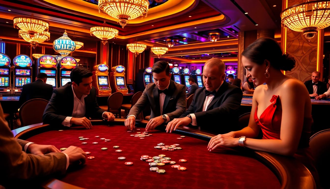 KJC players strategizing in a luxurious casino setting during a high-stakes poker game.