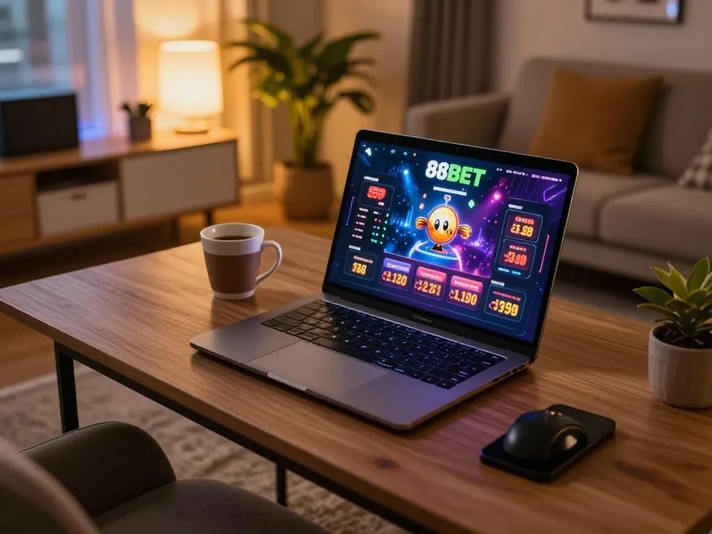 88BET online gaming setup with vibrant interface on laptop, creating a cozy atmosphere.