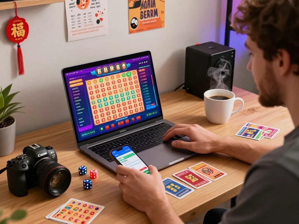 nổ hũ hubet88 vibrant online lottery player engaging with lottery graphics and smartphone.