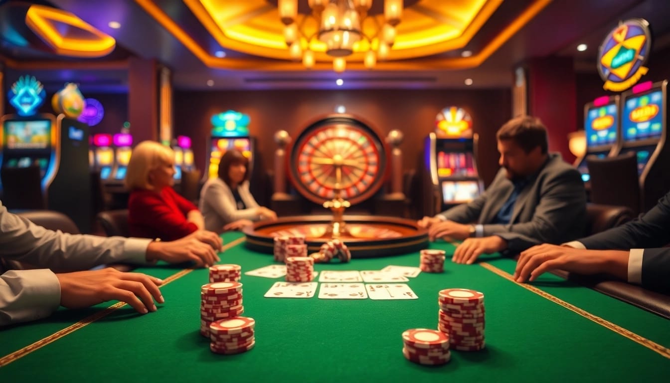 Experience high-stakes poker action with MMOO chips at a glamorous casino table.