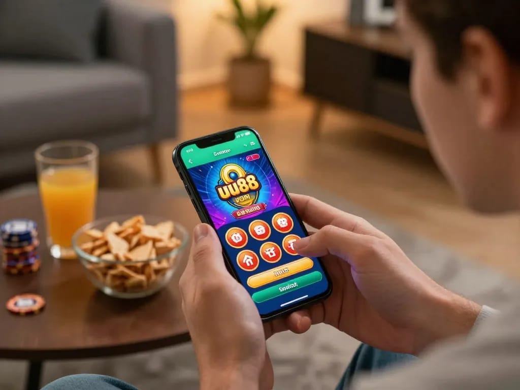Player enjoying the uu88 vom casino app on smartphone in a cozy home setting with snacks.