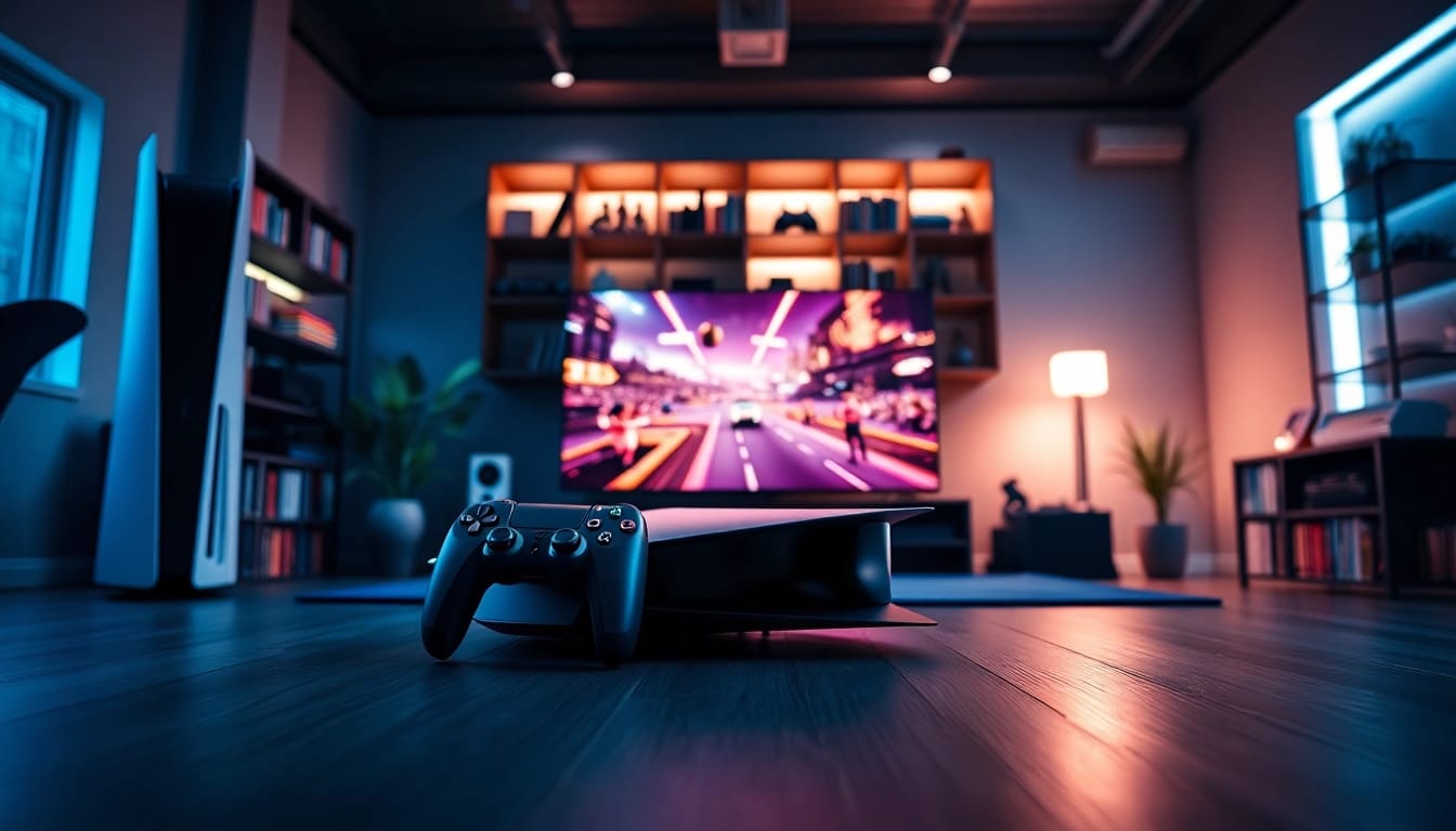 PS5 Pro game reviews featuring a modern gaming setup with sleek designs and vivid screen experiences.