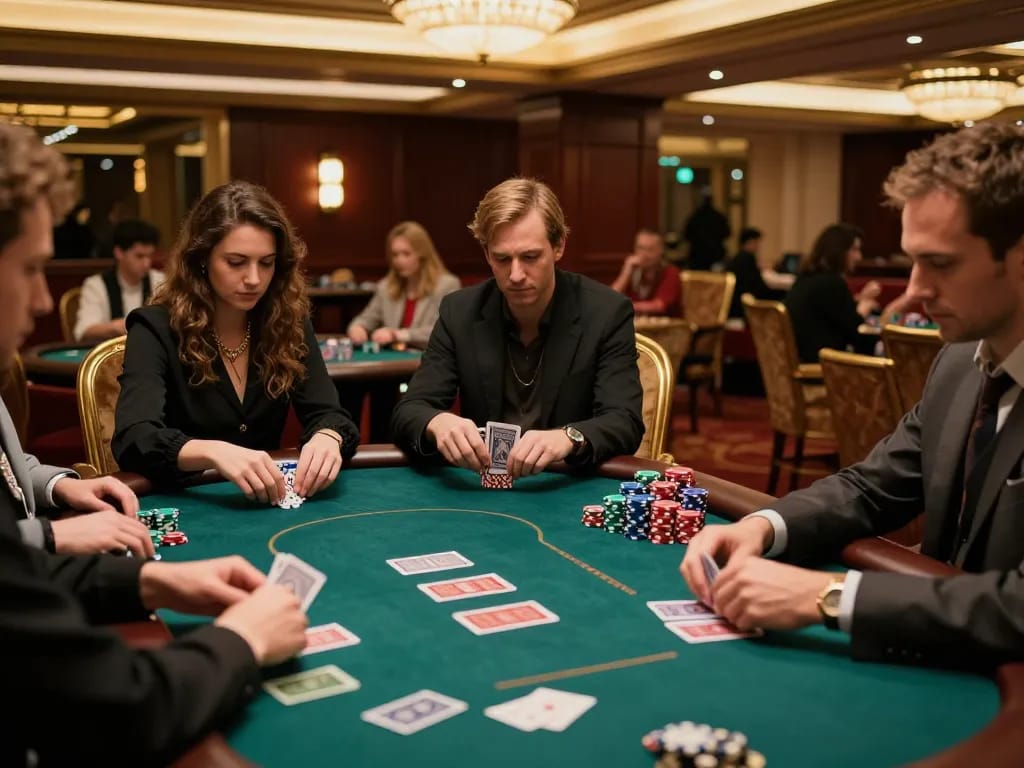 Players strategizing in a high-stakes game at a 79kingvnc poker table