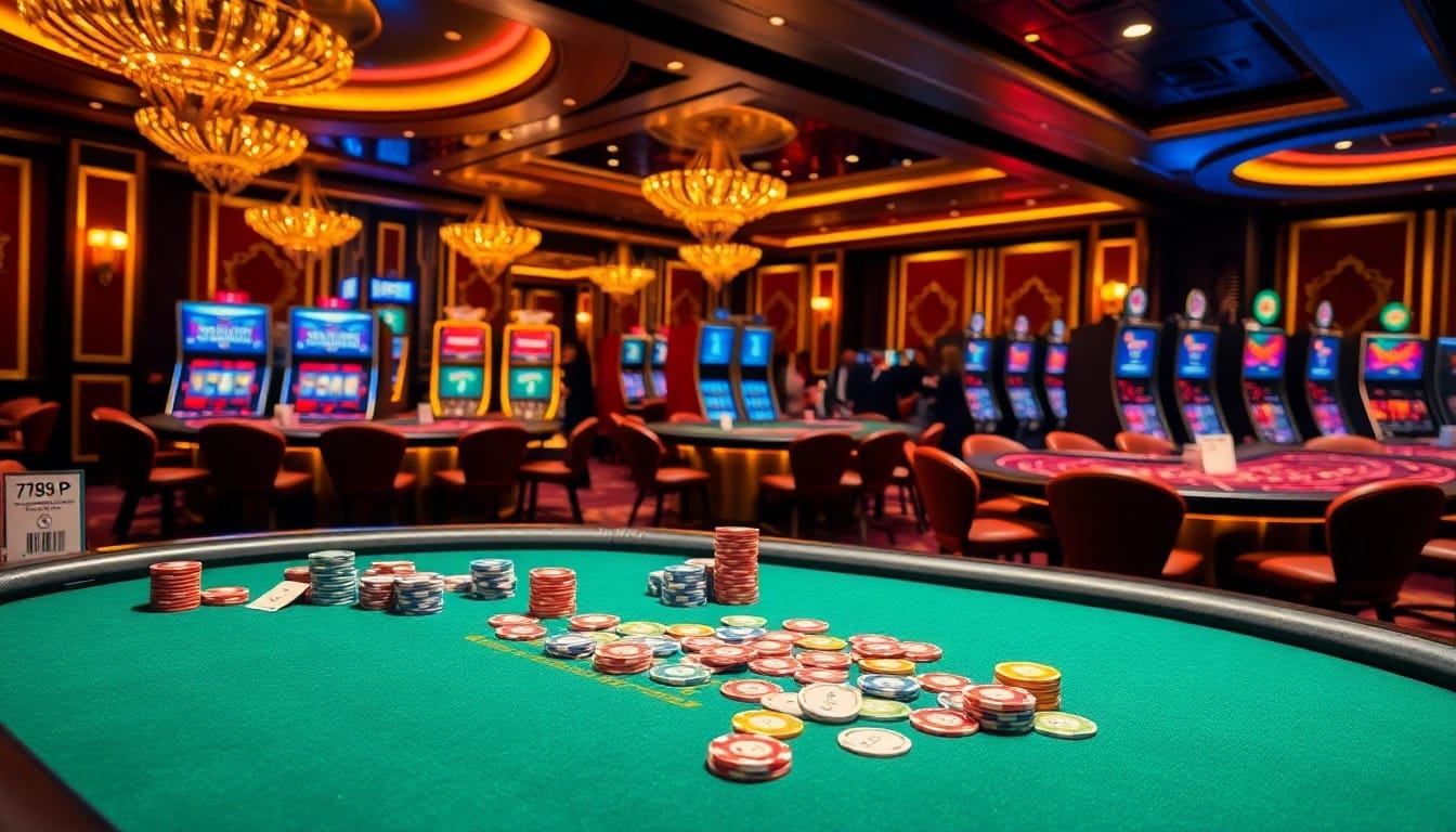 Experience thrilling gambling action with '789 P' at a luxurious casino poker table filled with vibrant chips and cards.