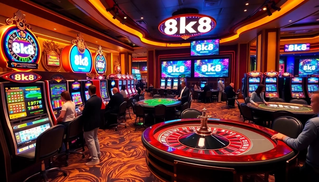 8k8 casino players enjoying thrilling games at luxurious slot machines and poker tables.