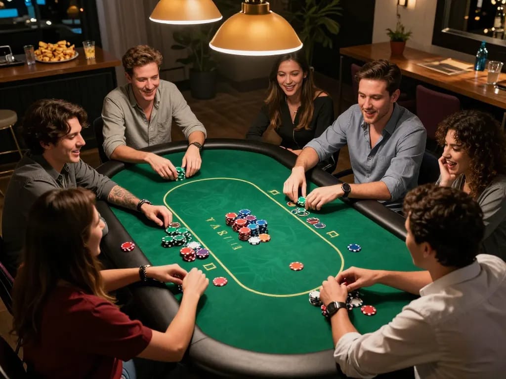 Friends engaging in a lively poker game at home, showcasing game strategy and fun at fb88.