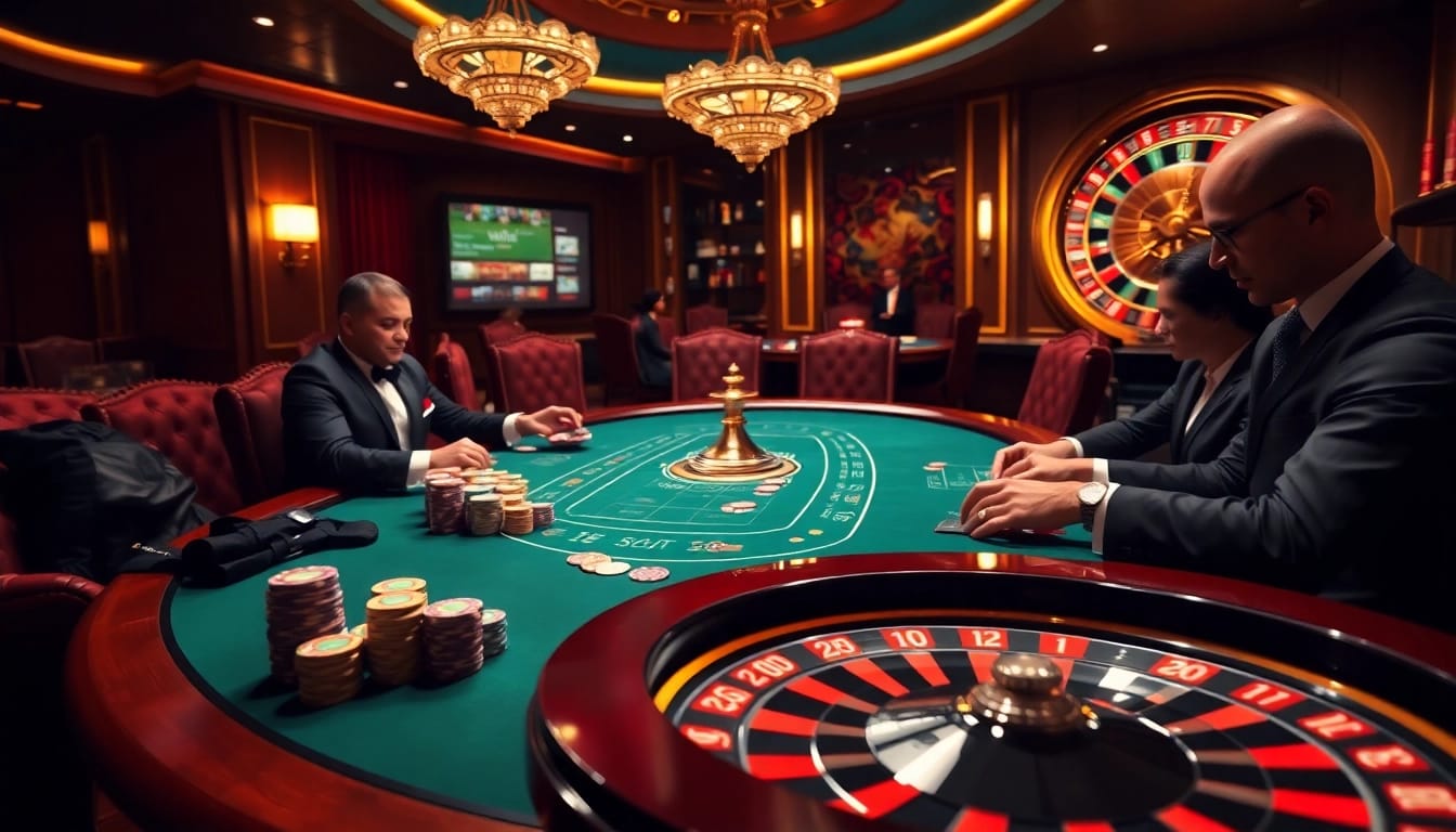 Experience the thrilling atmosphere of a casino at https://www.bdtk66.blog/ with poker players competing at a vibrant table.