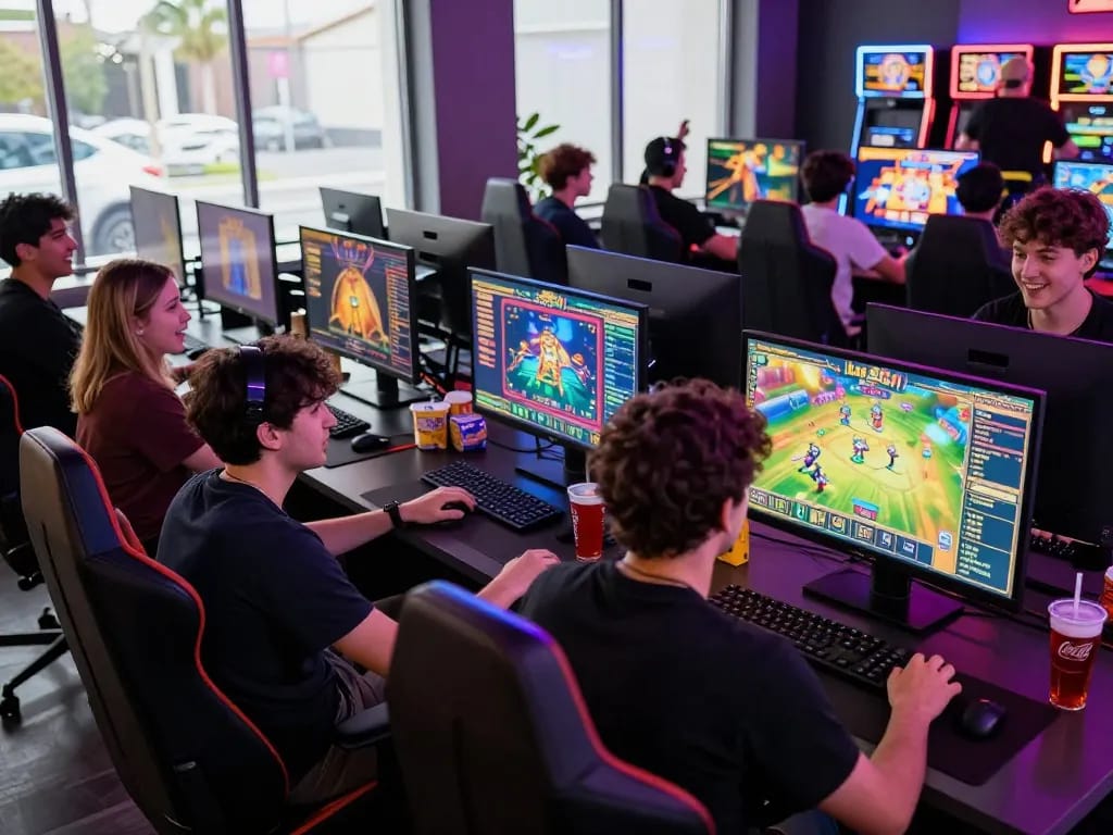 Players enjoying an exciting gaming experience at Autowin88, featuring vibrant screens and a lively atmosphere.