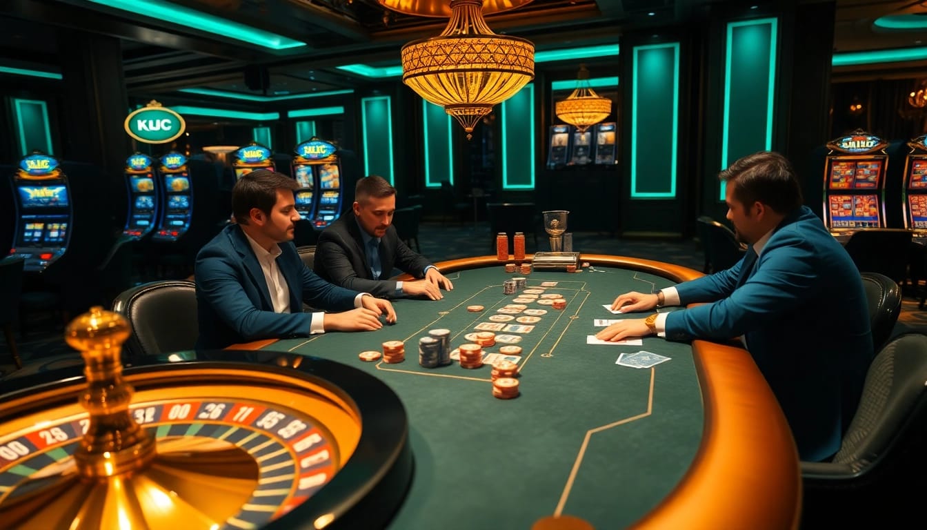 KJC poker players strategizing at a luxury casino table with elegant chips and cards.