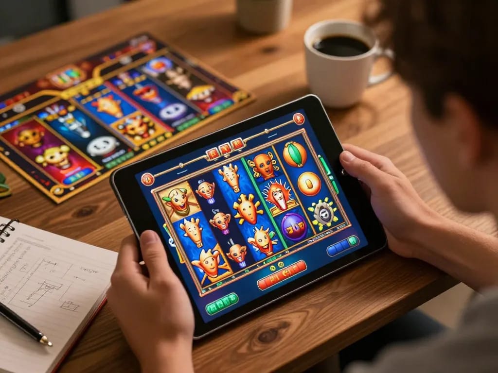 Experience the thrilling slot demo gameplay on a tablet, highlighting the immersive online gaming atmosphere and interactive features.