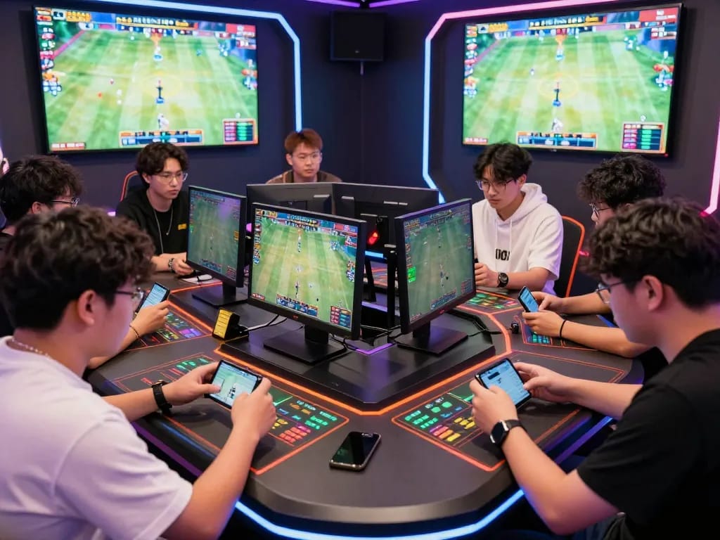 Engaging scene of diverse players at the tr88 trang chủ casino hub, surrounded by high-tech gaming tables and vibrant lighting.