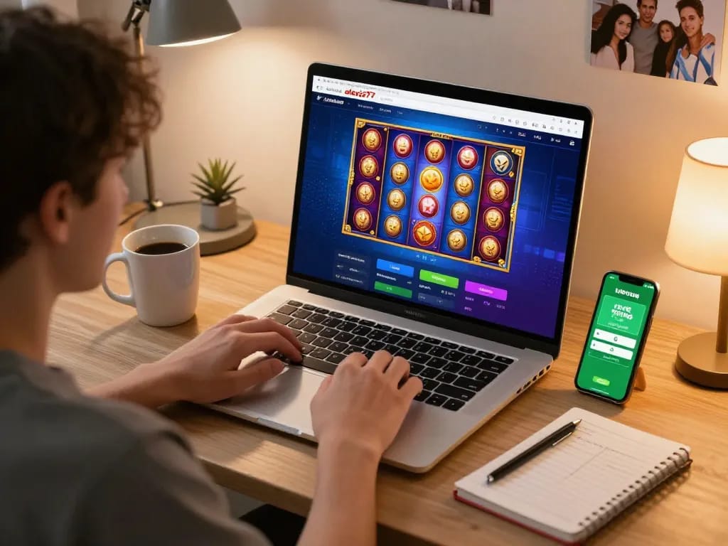 Player engaging with the alexis77 online casino platform, showcasing a dynamic tablet interface.