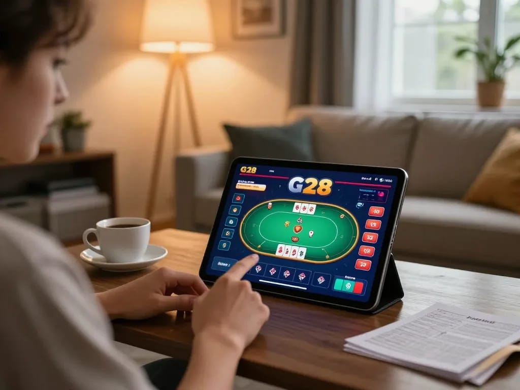 G28 app user enjoys online gaming in a cozy setup, highlighting responsible gambling.