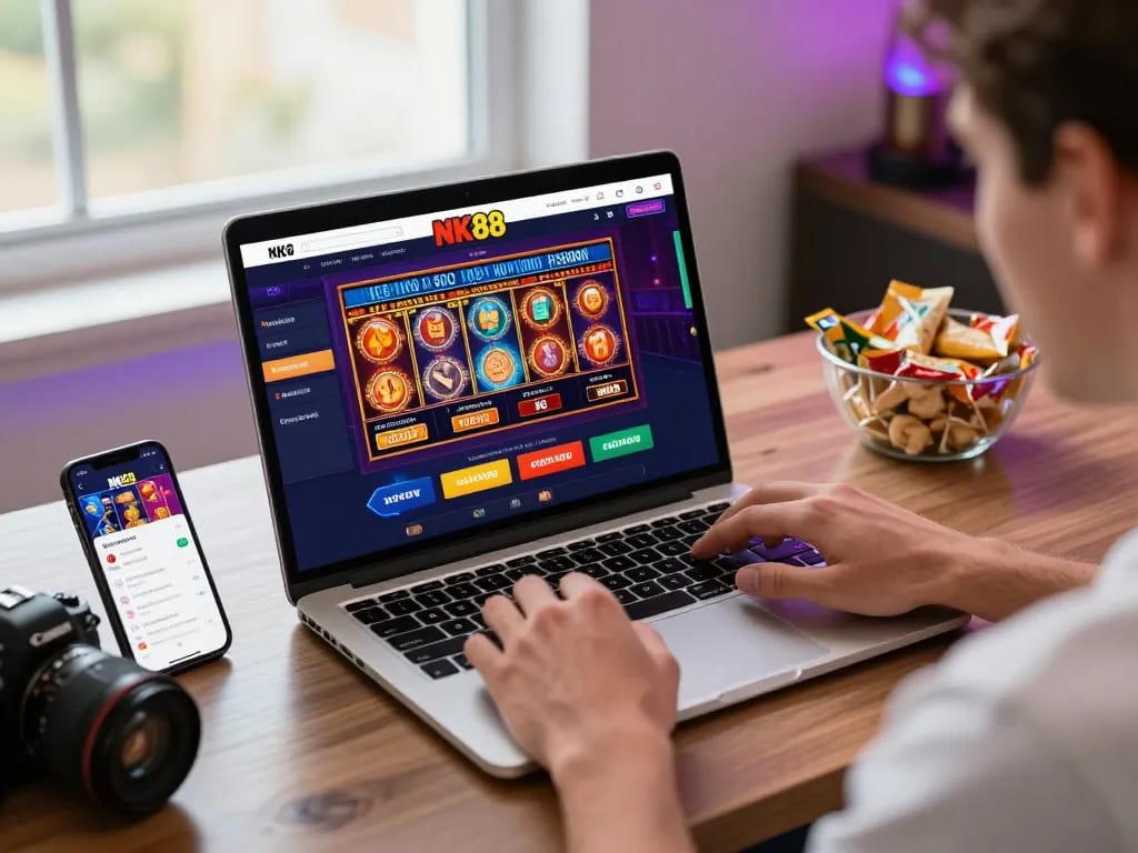 Engaged player using the NK88 bet platform for online gambling entertainment in a vibrant environment.