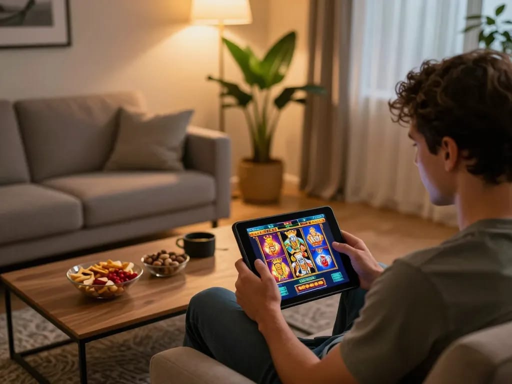 Player engaging with king slot games on a tablet in a cozy home setting.