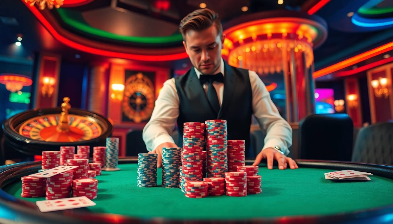 Professional poker player making a deposit 1000 in chips on a luxurious casino table.