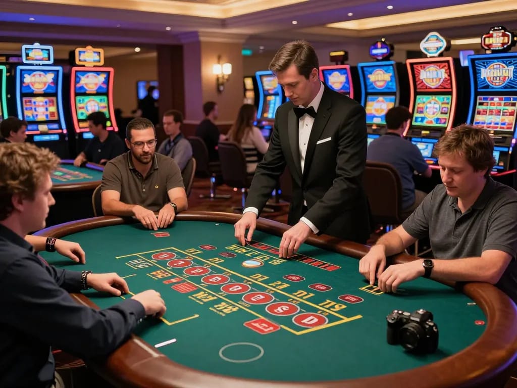 DOLA88 players strategizing at a lively casino table game, showcasing excitement and interaction in a luxurious setting