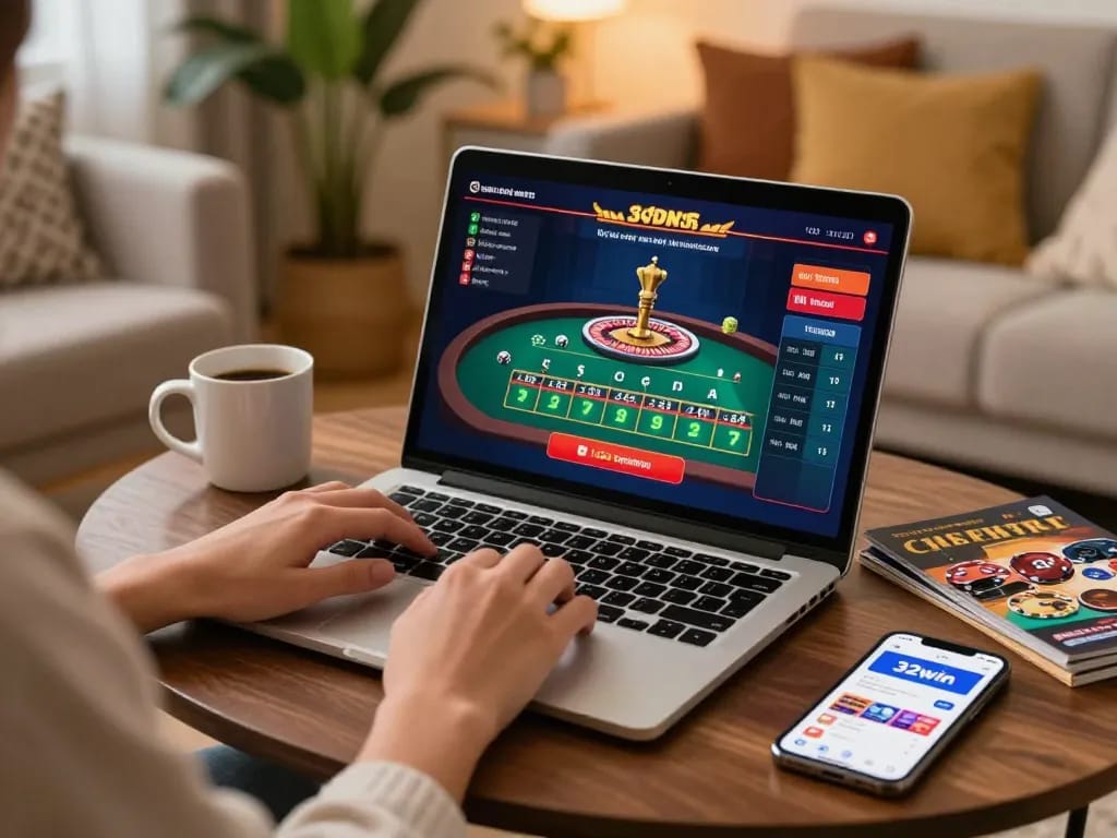 Player engaging with the 32win app in a cozy home setting, strategizing over online roulette.