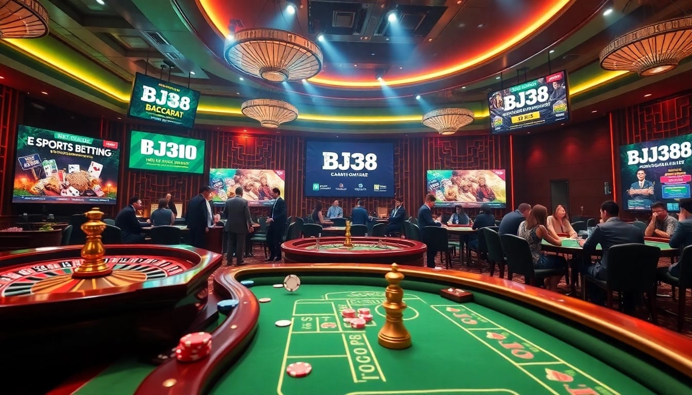 BJ38 online gambling scene showcasing vibrant casino tables, poker chips, and roulette wheel action.