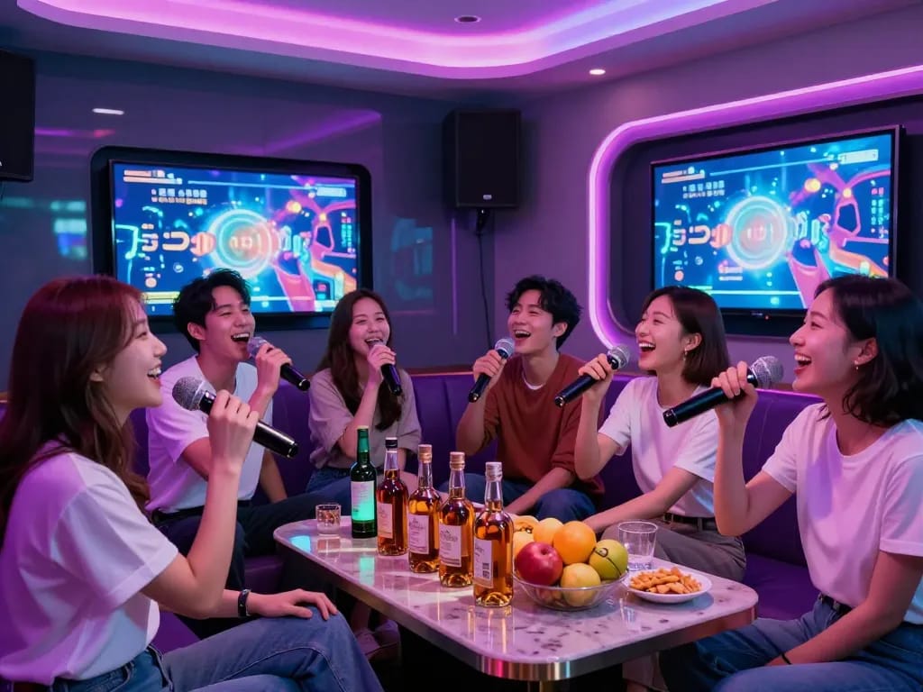 Karaoke experience at gangnamtune.com in a lively, modern venue with friends enjoying drinks and singing.