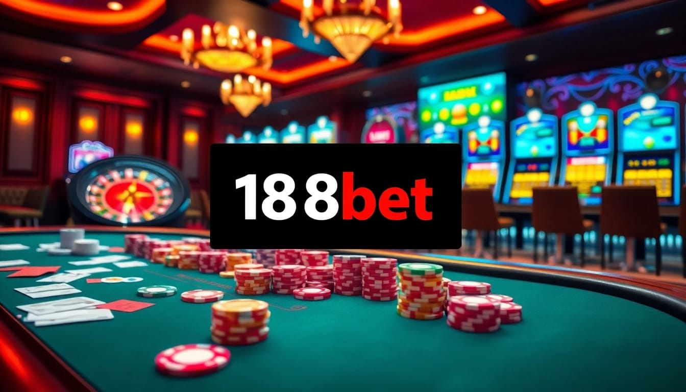 Engaging casino scene featuring vibrant slot machines and link 188bet prominently displayed.
