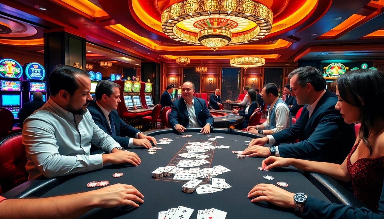 Players enjoying high-stakes poker in a luxurious casino setting with luck8 branding.