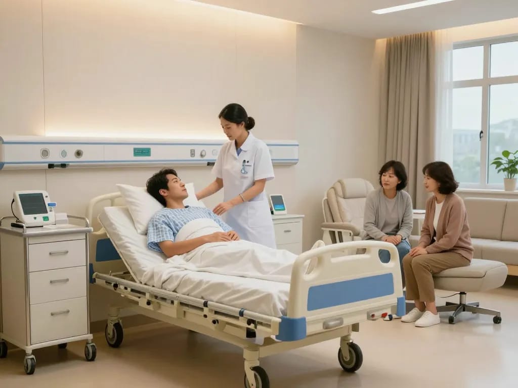 Attending to a patient using giường bệnh nhân in a comforting hospital environment.