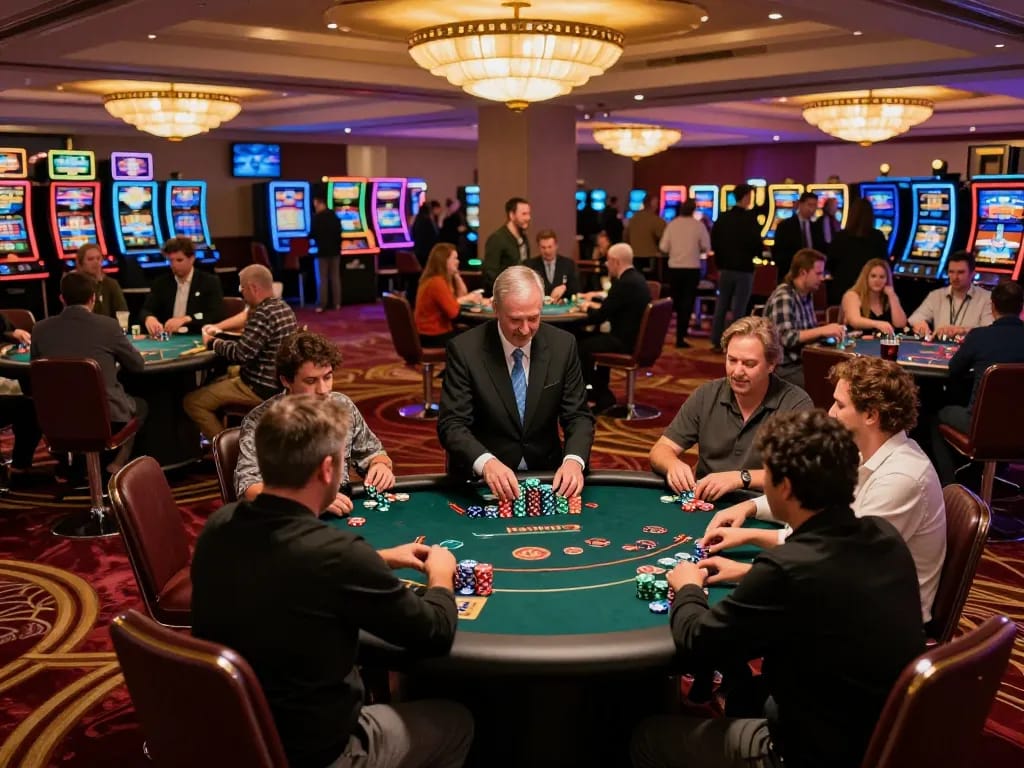Players enjoying a thrilling poker session at vipwin, surrounded by vibrant casino atmosphere and warm lighting.