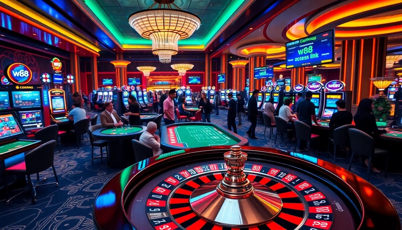 Trải nghiệm cảm giác phấn khích tại casino với liên kết truy cập W88 được trình bày giữa bầu không khí chơi game sôi động.
