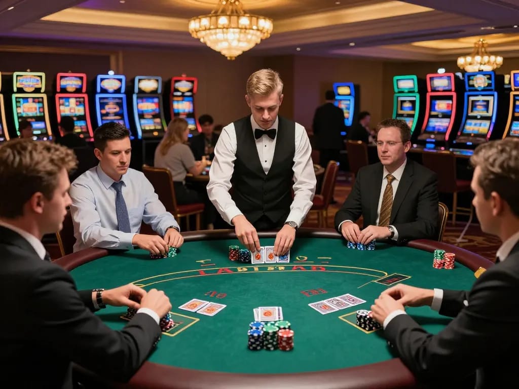 Players strategizing at a blackjack table in a luxurious casino, showcasing excitement at 888now com.