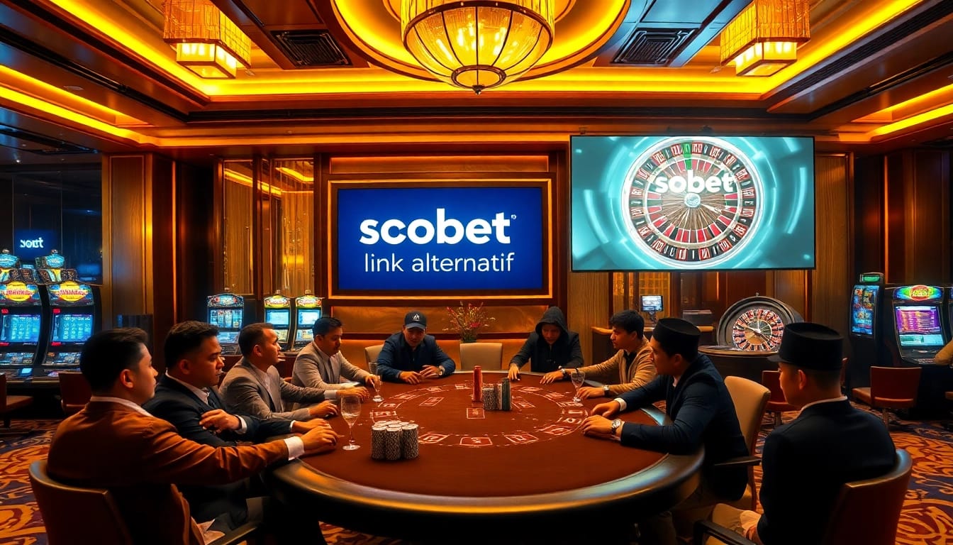 Experience sbobet link alternatif at a luxury casino filled with poker tables, slot machines, and excitement.