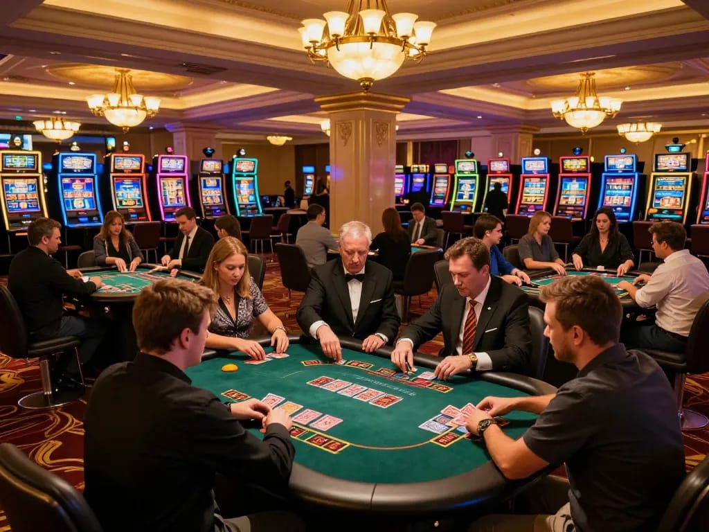 Players enjoying strategic gameplay at casino tables while winstrike69 enhances the atmosphere with vibrant thrills.