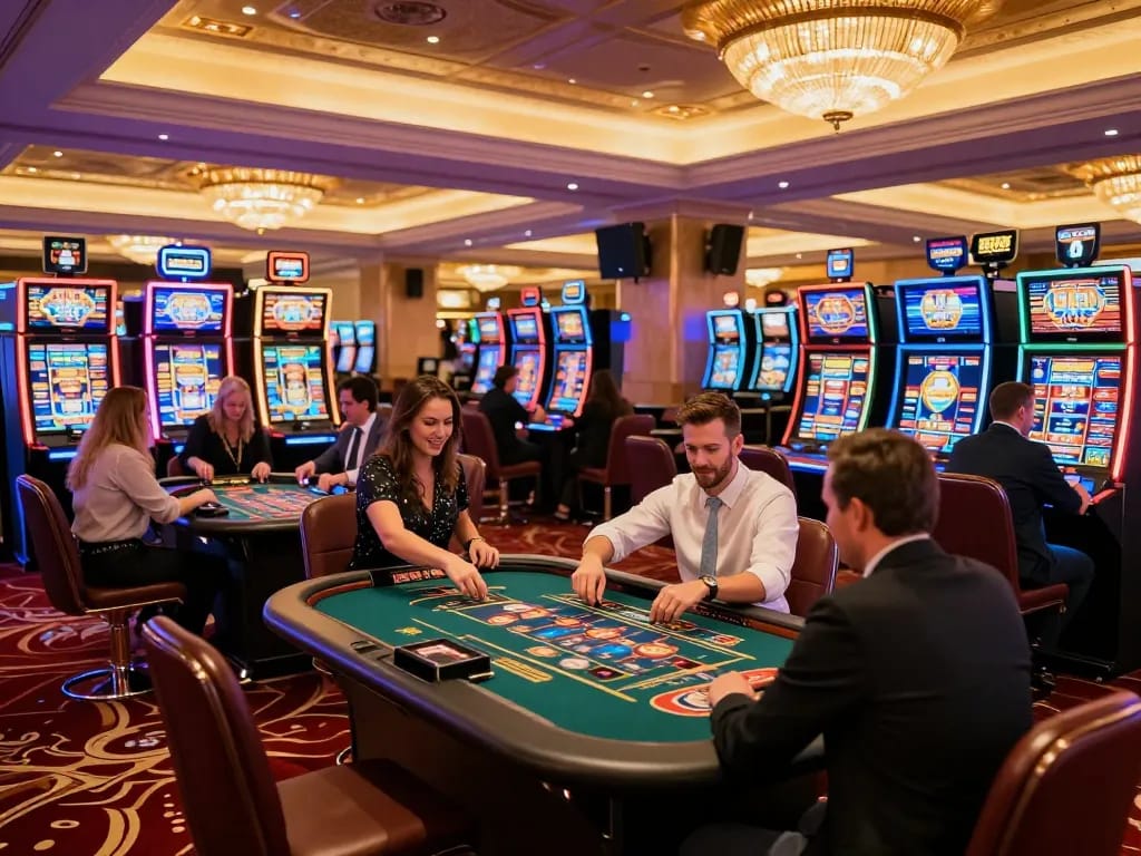 Players enjoying thrilling games at THABET casino amidst vibrant slot machines and lively atmosphere