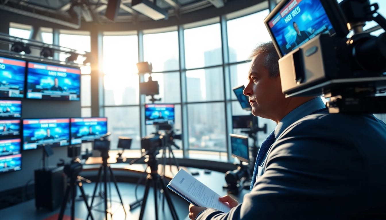 Capture breaking news events in a vibrant newsroom showcasing high-tech screens and a dedicated reporter.