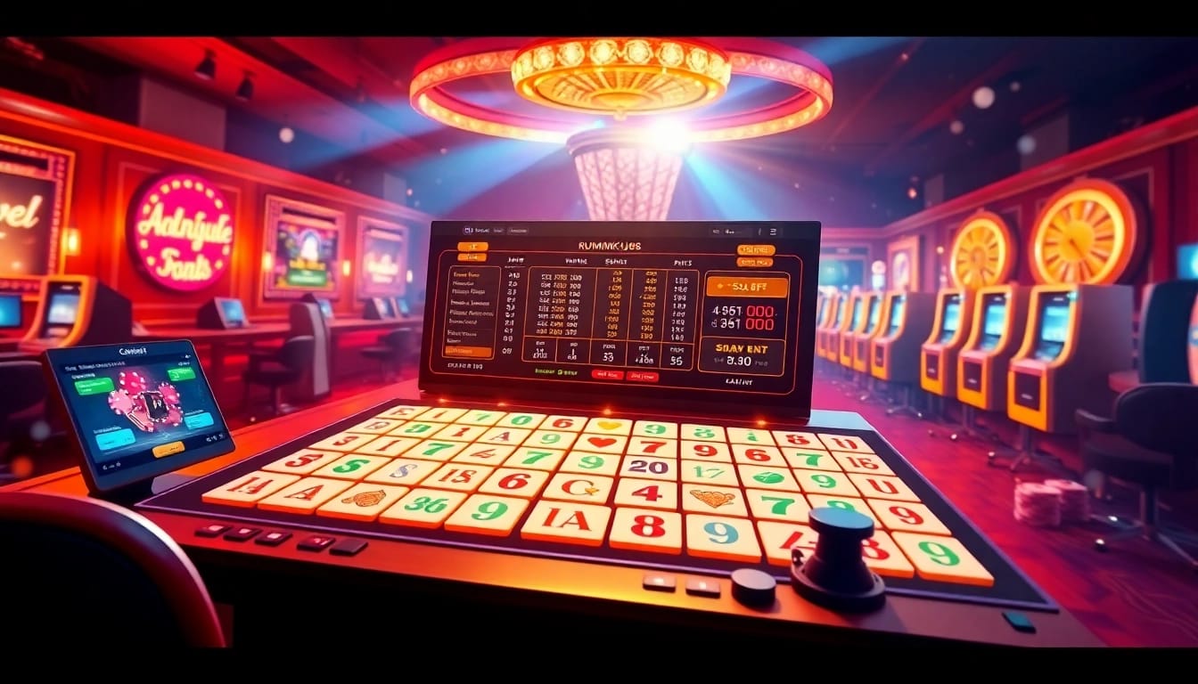 Engage in רמיקוב אונליין with vibrant tiles and a lively casino backdrop.