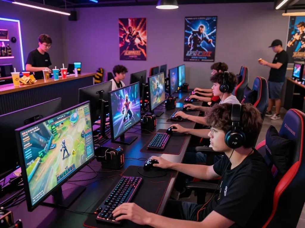 Engaged players at https://sc881.com/ in a vibrant online gaming lounge, surrounded by modern tech and snacks.