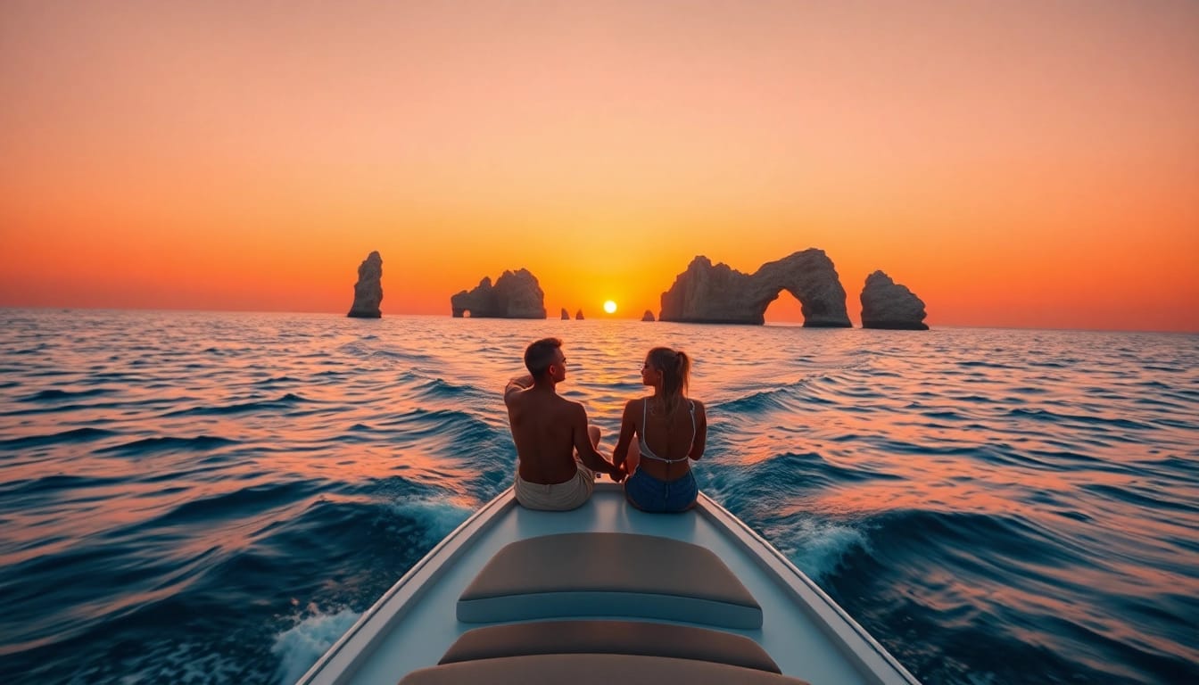 Experience Cabo sunset cruise deals on a romantic evening with a boat against a colorful skyline.