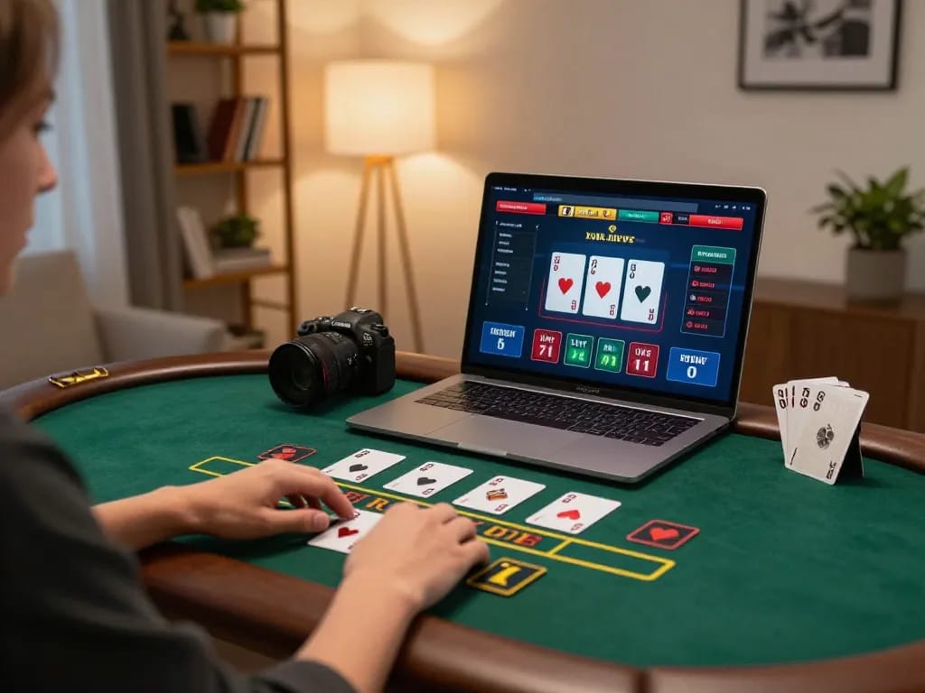 Engaging in online blackjack at atq com in a stylish home gaming setup with laptop, cards, and warm lighting.