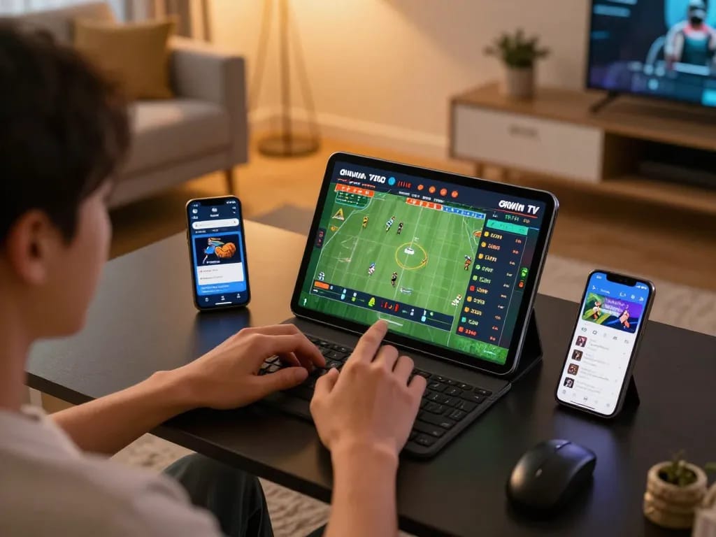 Engaging in sports betting through okwintv trực tiếp on a tablet in a cozy home setting.