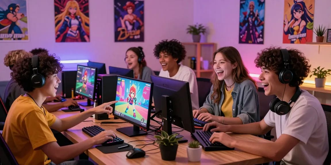 Players enjoying colorful hentai games in a cozy gaming environment, showcasing vibrant graphics and social interaction.