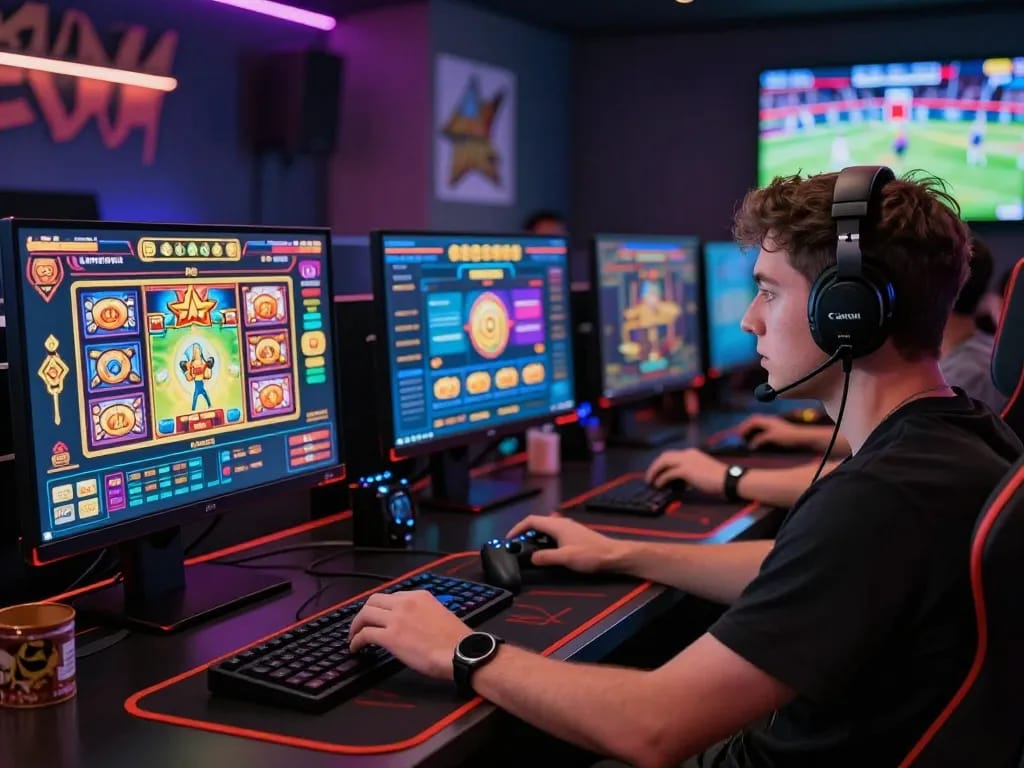 Engaged user enjoying ligasedayu online gaming with multiple vibrant screens and ambient lighting.