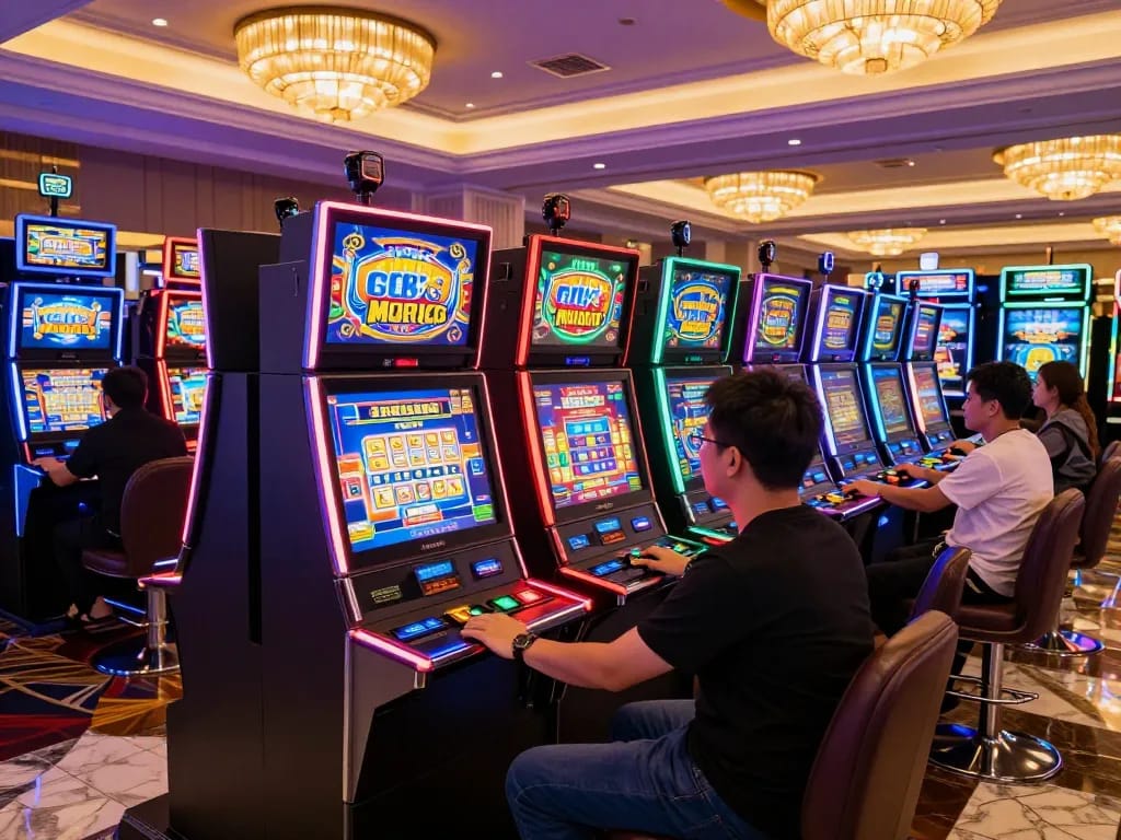 Players engaging with vibrant slot gacor machines in a lively casino atmosphere