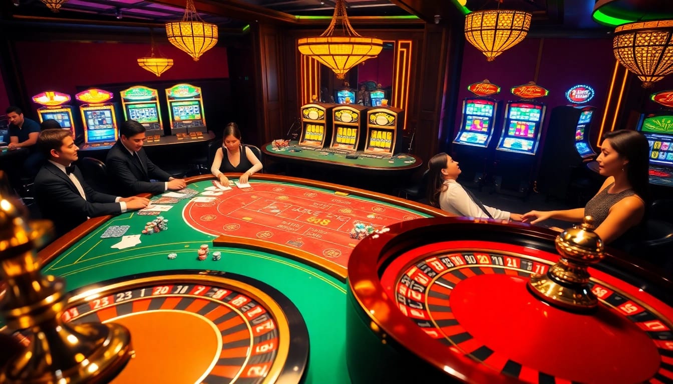 Action-packed casino scene with mm88 elements highlighting poker, roulette, and slots.