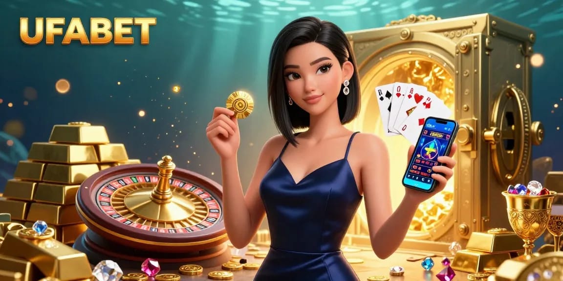 Experience the excitement of UFABET's dynamic gaming scene with golden treasures and vibrant casino elements.